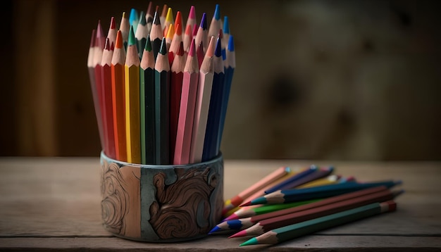 テーブルの上に積み上げられた色鉛筆