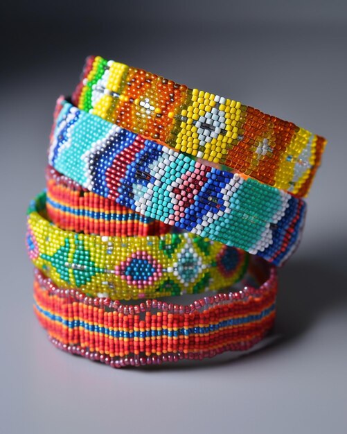 A stack of colorful beaded bracelets with different colors and designs.