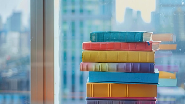 A stack of colorful books on top of each other on the floor with blurred glass window background