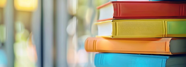 A stack of colorful books on top of each other on the floor with blurred glass window background