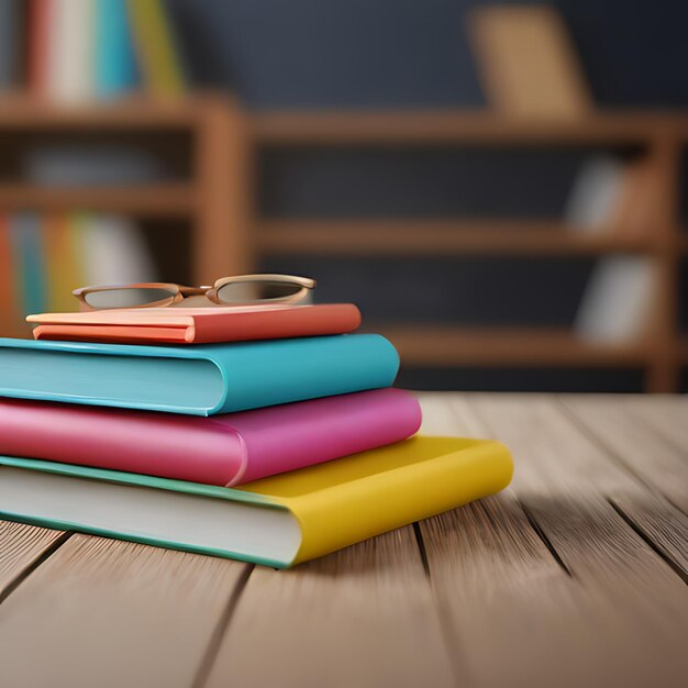 Foto una pila di libri colorati con gli occhiali sopra di loro