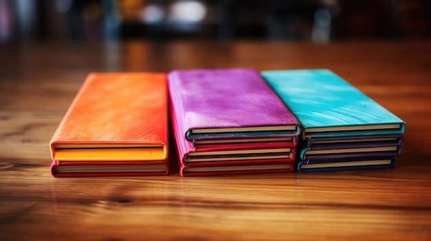 Stack of colorful books on wooden table