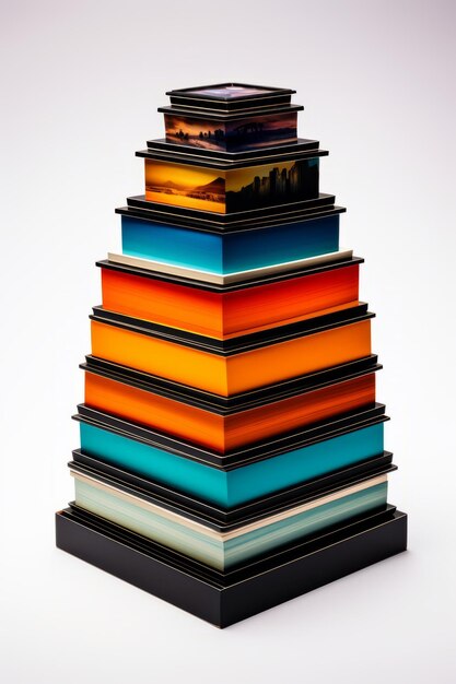 A stack of colorful boxes with different images on each box