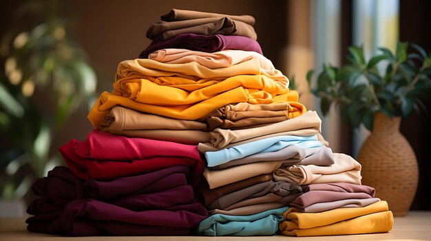 Stack of colorful clothes Pile of clothing on table empty space background Laundry Generative AI