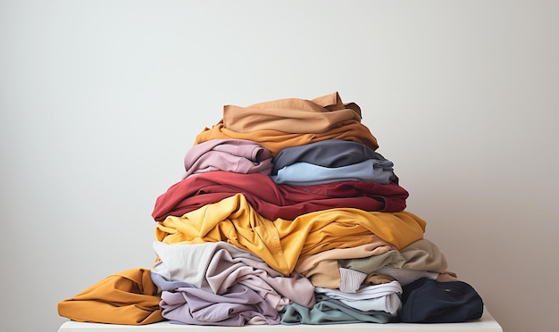 Stack of colorful clothes Pile of clothing on table empty space background Laundry and household