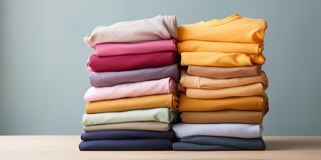 Stack of colorful clothes Pile of clothing on table empty space background Laundry and household