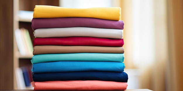 Stack of colorful clothes Pile of clothing on table empty space background Laundry and household