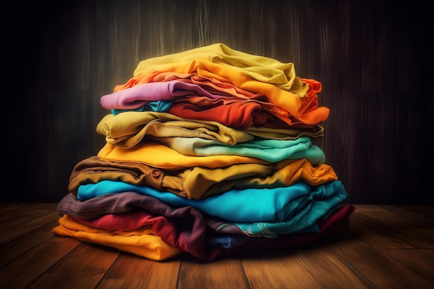 A stack of colorful clothes on a wooden floor