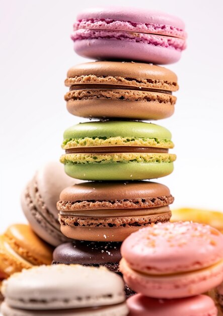 a stack of colorful cookies with different flavors on them.