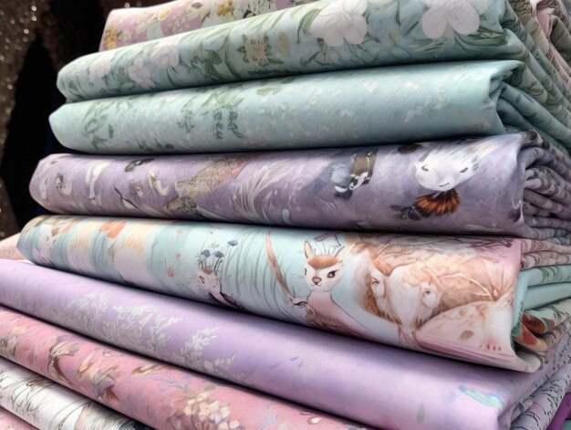 A stack of colorful fabric with cats on the top.