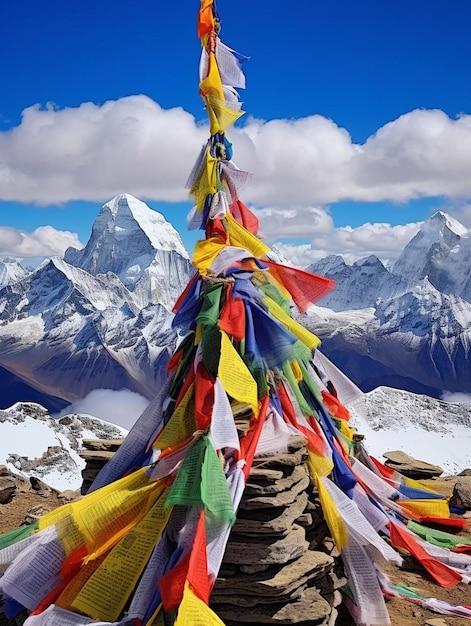 a stack of colorful flags with the snow capped mountains in the background