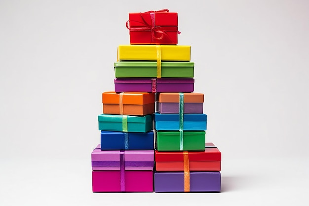 Stack of colorful gift boxes isolated on white background