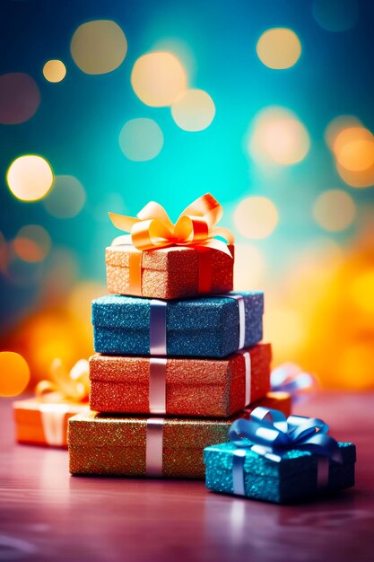 Photo stack of colorful gift boxes with bow on top of each of them generative ai