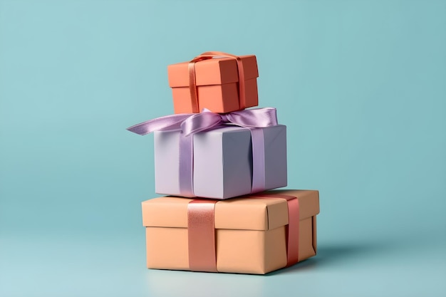 A stack of colorful gift boxes with a purple ribbon tied around the top.