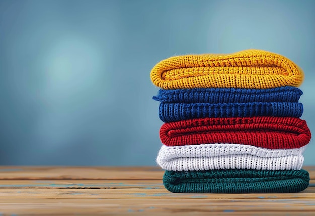 a stack of colorful laundry on a wooden table