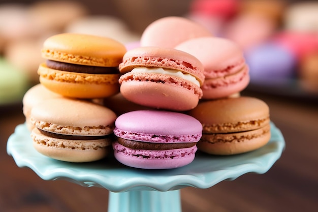 Photo stack of colorful macarons on a tiered stand