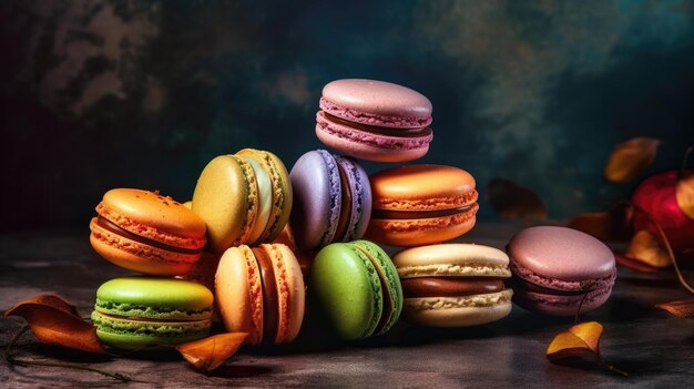 A stack of colorful macaroons on a table