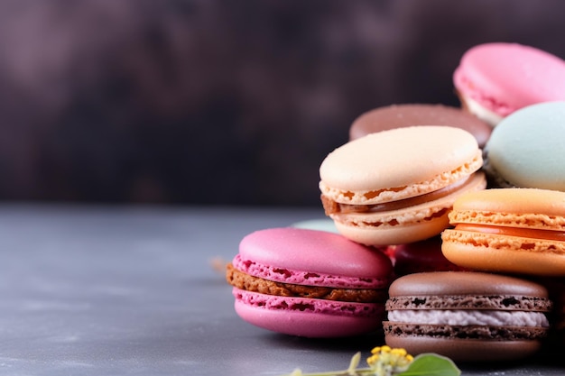 A stack of colorful macaroons with a flower in the middle