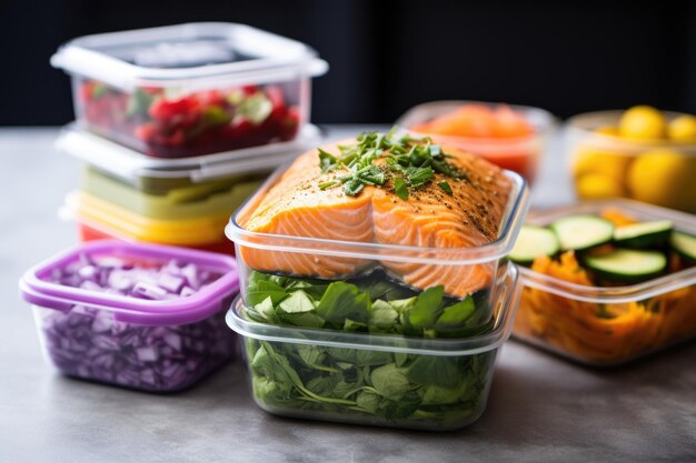 Photo stack of colorful meal prep containers with various foods