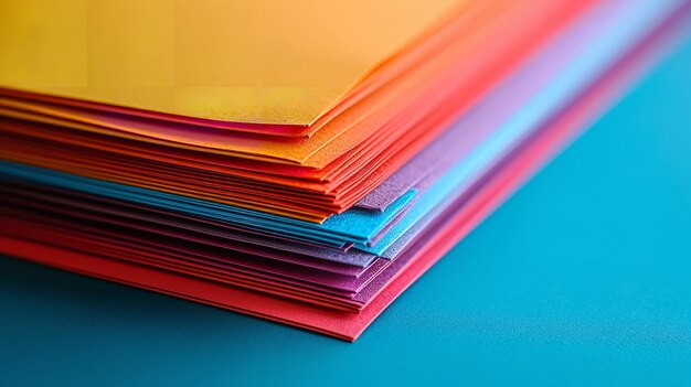 A stack of colorful papers are kept in a clean surface with a empty space Generative AI