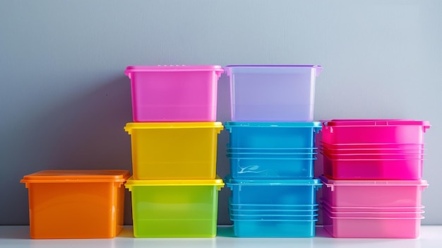 Photo a stack of colorful plastic containers with a purple one that sayss aon it