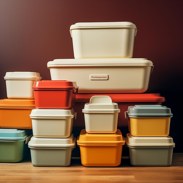 Photo a stack of colorful plastic containers with the word mail on them.