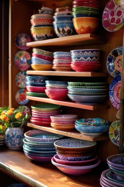 A stack of colorful plates and bowls on an open shelf created with generative ai