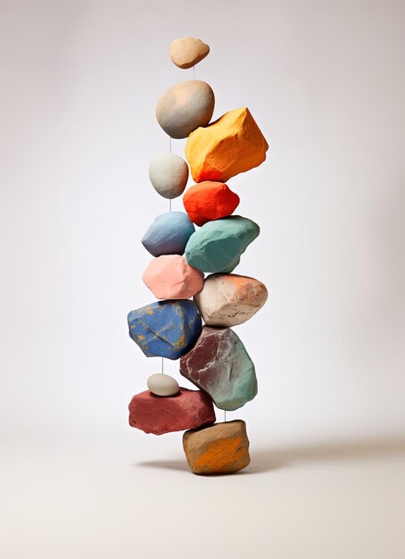 Foto una pila di rocce colorate con uno sfondo bianco