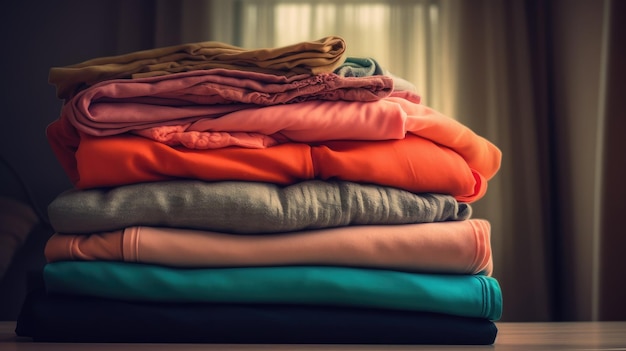 A stack of colorful shirts on a table