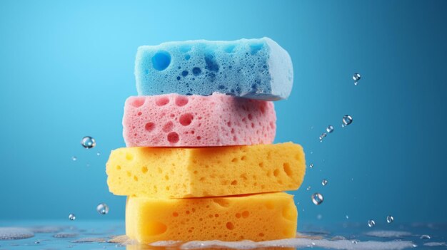 Stack of colorful sponges clean home and kitchen copyspace background