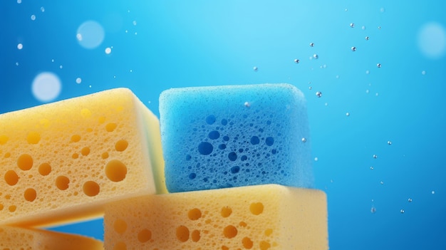 Stack of colorful sponges clean home and kitchen copyspace background