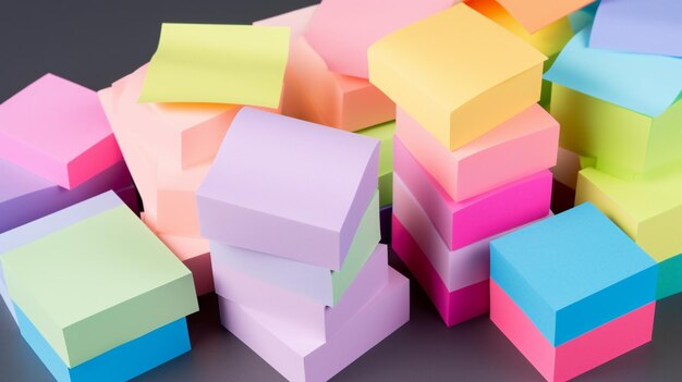 A stack of colorful sticky notes with one that says'sticky notes'on it