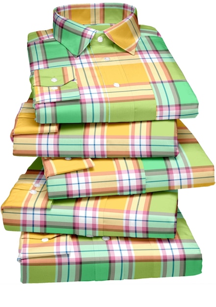 A stack of colorful striped shirts with the word palm on the front.