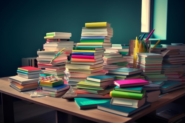 A stack of colorful textbooks and notebooks Created with generative AI technology