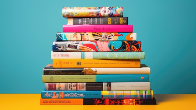 a stack of colorful textbooks with artistic illustrations