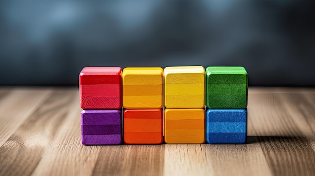 A stack of colorful wooden blocks on a table