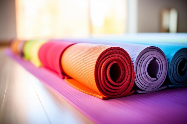 a stack of colorful yoga mats with one that has a purple mat underneath it