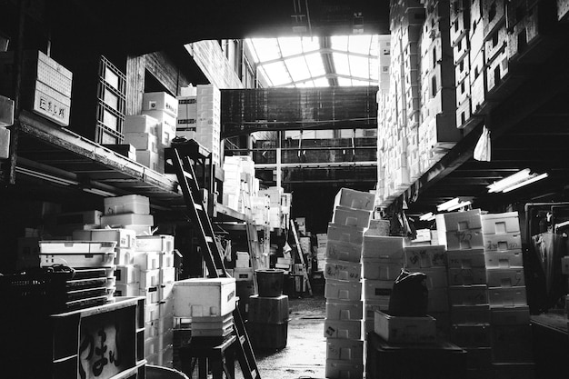 Photo stack of containers at fish market