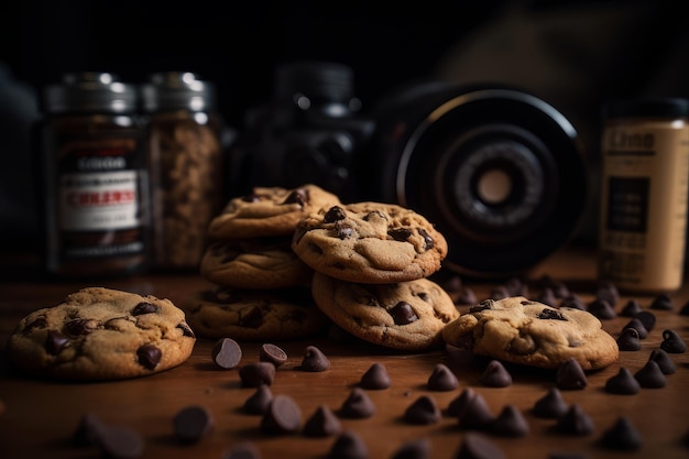 A stack of cookies with a camera behind them