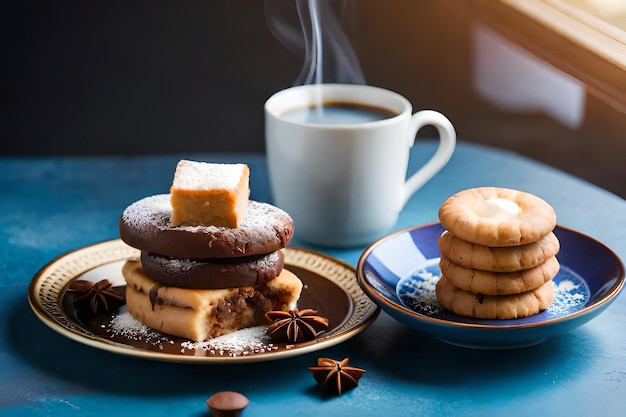 a stack of cookies with a cup of coffee in the background