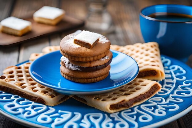 a stack of cookies with a cup of coffee on the plate