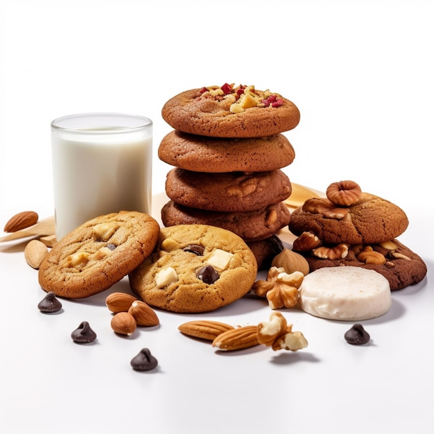 A stack of cookies with a glass of milk next to it