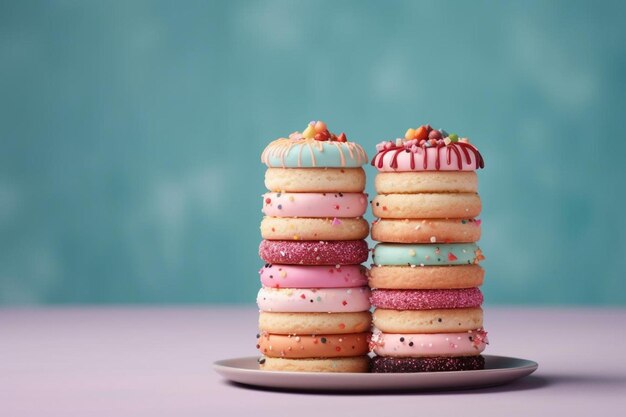 A stack of cookies with pink, blue, and white frosting.