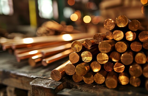 Photo stack of copper rods in industrial warehouse