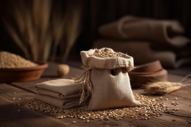 A stack of cotton bags with a pile of wheat on the top.