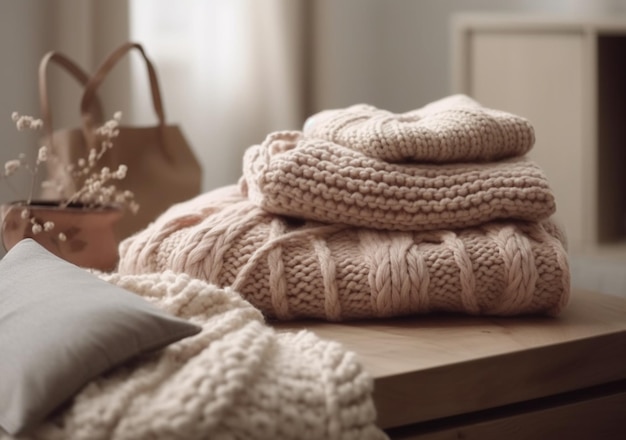 Photo stack of cotton and knitted clothes generative ai warm cozy clothes and accessories