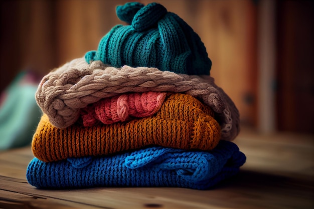 Stack of cotton and knitted colorful clothes on the table