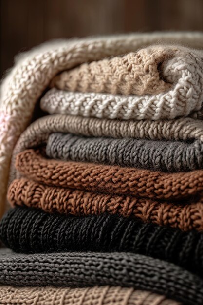 Stack of cozy knitted sweaters ideal for fashion and comfort AI Generated