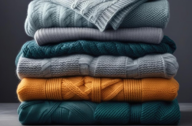 中性的な背景に表示されたやかな色彩の居心地の良い編み物のセーターの積み重ね