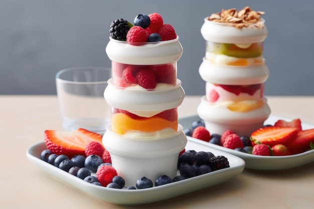 Stack of creamy yogurt containers with fruit toppings created with generative ai